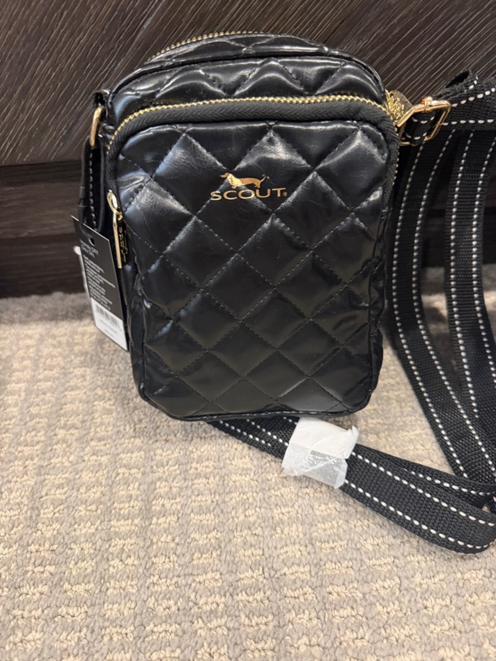 SCOUT Quilted Black Crossbody Phone Bag with Gold Hardware
